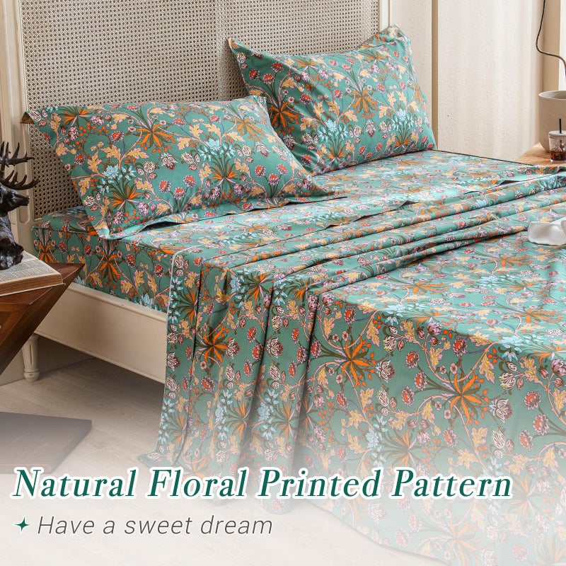 Lady Ann 100% Cotton Floral Queen Sheets Deep Pocket, Vibrant Paisley Flowers Printed on Green Pattern Sheets for Queen Bed Botanical Preppy Bed Sheets 4PCS Set - Image 3