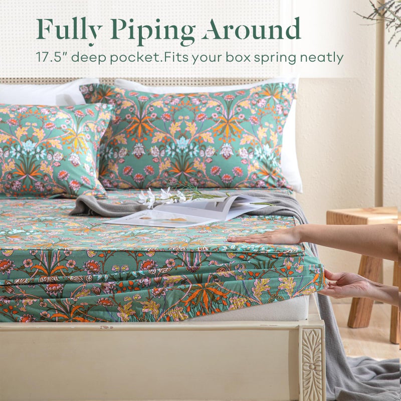 Lady Ann 100% Cotton Floral Queen Sheets Deep Pocket, Vibrant Paisley Flowers Printed on Green Pattern Sheets for Queen Bed Botanical Preppy Bed Sheets 4PCS Set - Image 4