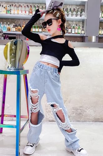 NABER Kids Girls Elastic Waist Cool Ripped Jeans Washed Denim Wide Leg Ripped Denim Jean Age 4-14 Years (Blue1, 11-12 Years) - Image 3