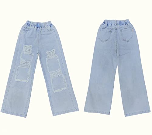 NABER Kids Girls Elastic Waist Cool Ripped Jeans Washed Denim Wide Leg Ripped Denim Jean Age 4-14 Years (Blue1, 11-12 Years) - Image 5