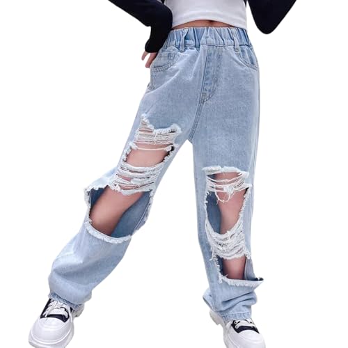 NABER Kids Girls Elastic Waist Cool Ripped Jeans Washed Denim Wide Leg Ripped Denim Jean Age 4-14 Years (Blue1, 11-12 Years) - Image 1