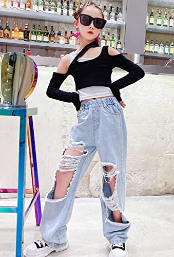 NABER Kids Girls Elastic Waist Cool Ripped Jeans Washed Denim Wide Leg Ripped Denim Jean Age 4-14 Years (Blue1, 11-12 Years) - Image 4