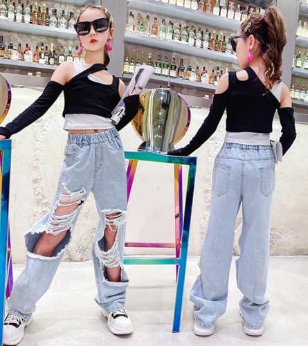 NABER Kids Girls Elastic Waist Cool Ripped Jeans Washed Denim Wide Leg Ripped Denim Jean Age 4-14 Years (Blue1, 11-12 Years) - Image 2