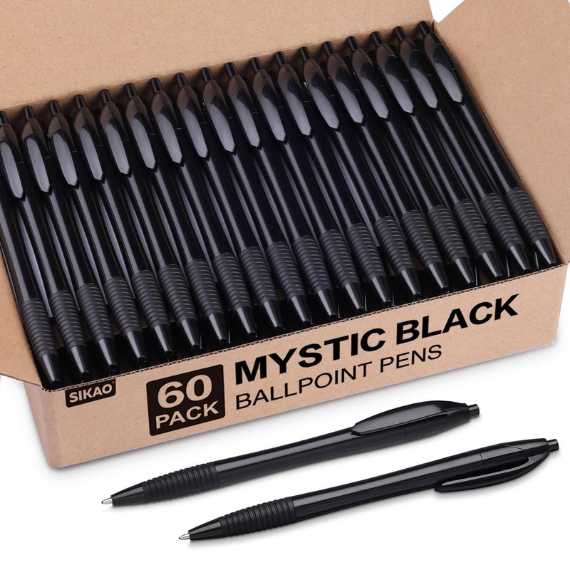 Sikao Pens Bulk, 60 Pack Black Gripped Slimster Ballpoint Pens Black Ink 1.0mm Medium Point Smooth Writing, Click Pens with Comfort Grip for Teachers, Students, Servers, School & Office Use - Image 1