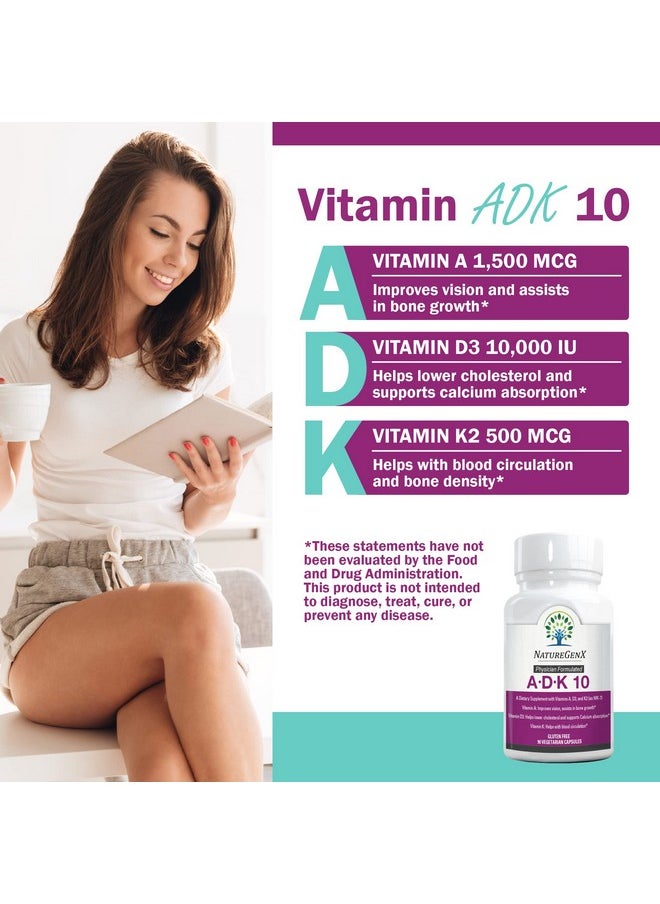 NatureGenX - Adk 10 Supplement Vitamins A D3 And K2 Potent 10000 Iu Vitamin D3 With Vitamin A Plus K2 For Bone Heart And Immune Health 90 Easytoswallow Capsules (3Month Supply) - Image 1
