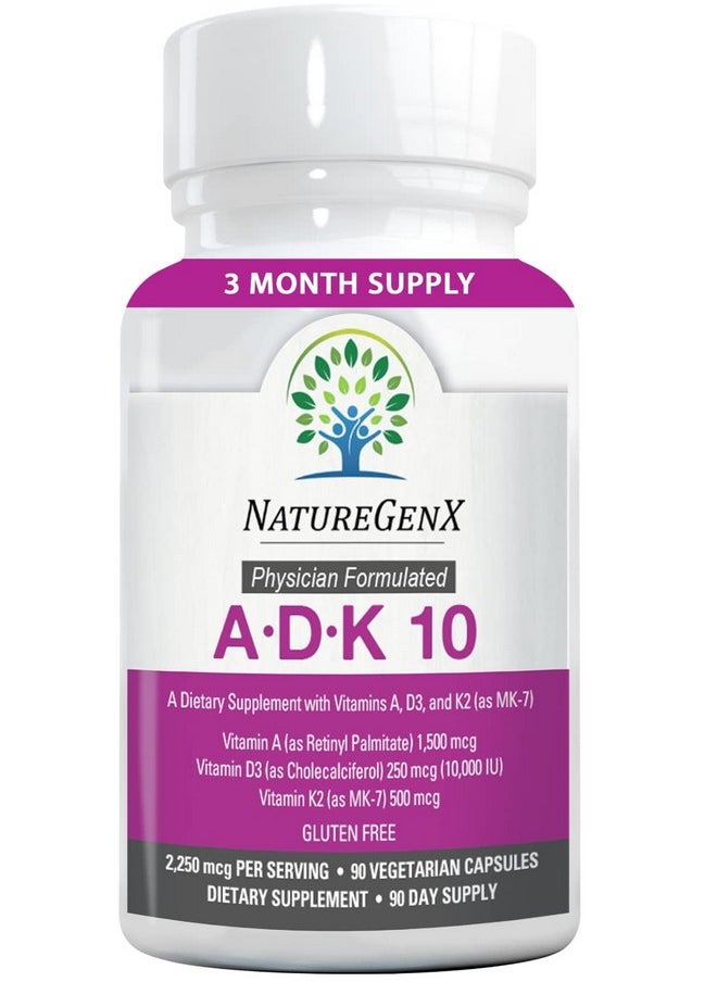 NatureGenX - Adk 10 Supplement Vitamins A D3 And K2 Potent 10000 Iu Vitamin D3 With Vitamin A Plus K2 For Bone Heart And Immune Health 90 Easytoswallow Capsules (3Month Supply) - Image 1