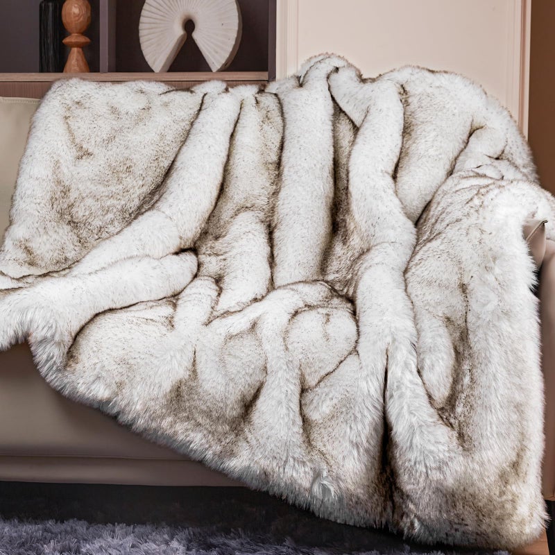 Touchat 1000GSM Faux Fur Throw Blanket Super Thick Warm Cozy Heavy Blankets for Couch Bed Sofa Plush Fuzzy Elegant Winter Reversible Mink Blanket for Living Room Bedroom 50x60 WhiteBrown