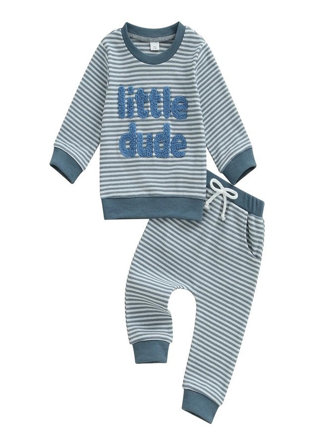 Nyapruwe Toddler Baby Boy Fall Winter Clothes Stripe Letter Embroidery Sweatshirt Tops Pants Set Casual Infant Outfits (Little blue, 12-18 Months) - Image 1