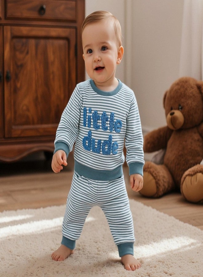Nyapruwe Toddler Baby Boy Fall Winter Clothes Stripe Letter Embroidery Sweatshirt Tops Pants Set Casual Infant Outfits (Little blue, 12-18 Months) - Image 2
