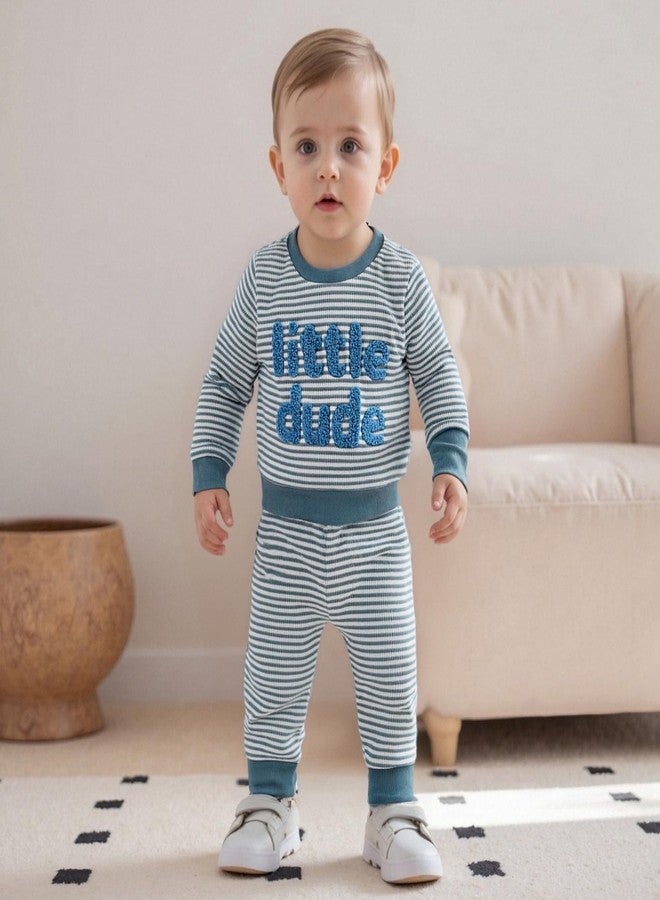 Nyapruwe Toddler Baby Boy Fall Winter Clothes Stripe Letter Embroidery Sweatshirt Tops Pants Set Casual Infant Outfits (Little blue, 12-18 Months) - Image 3