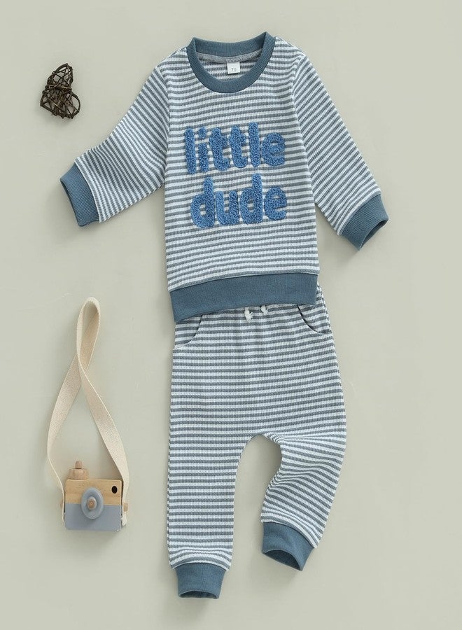 Nyapruwe Toddler Baby Boy Fall Winter Clothes Stripe Letter Embroidery Sweatshirt Tops Pants Set Casual Infant Outfits (Little blue, 12-18 Months) - Image 4