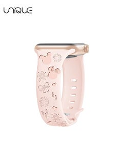 Engraved Bands Compatible with Apple Watch Band 38mm 40mm 41mm 42mm 44mm 45mm Women, Soft Silicone Sport Strap Lovely Wristband for iWatch Bands Series 9/8/7/6/5/4/3/2/1/SE（Pink）