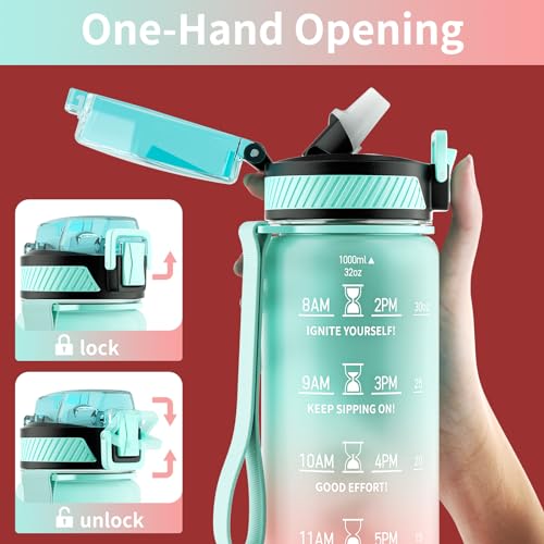 QLUR Water Bottle with Straw, 32oz Motivational Water Bottles with Time Marker to Drink, Tritan BPA Free, 1L Sports Water Bottle with Carry Strap LeakProof for Women Gym Fitness Outdoor (1 Pack) - Image 3