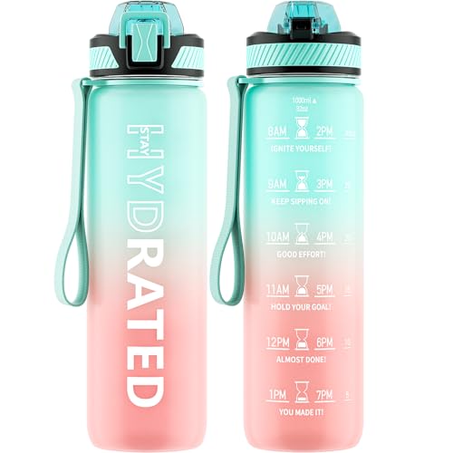 QLUR Water Bottle with Straw, 32oz Motivational Water Bottles with Time Marker to Drink, Tritan BPA Free, 1L Sports Water Bottle with Carry Strap LeakProof for Women Gym Fitness Outdoor (1 Pack) - Image 1