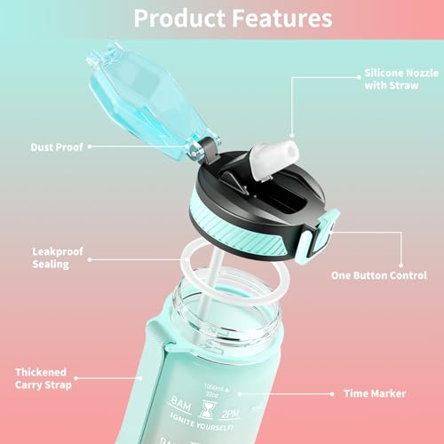 QLUR Water Bottle with Straw, 32oz Motivational Water Bottles with Time Marker to Drink, Tritan BPA Free, 1L Sports Water Bottle with Carry Strap LeakProof for Women Gym Fitness Outdoor (1 Pack) - Image 5