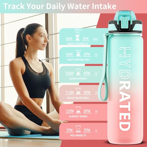 QLUR Water Bottle with Straw, 32oz Motivational Water Bottles with Time Marker to Drink, Tritan BPA Free, 1L Sports Water Bottle with Carry Strap LeakProof for Women Gym Fitness Outdoor (1 Pack) - Image 2