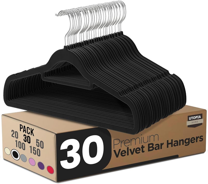 Utopia Home Premium Velvet Hangers 30 Pack - Non-Slip Clothes Hangers with Tie Bar - Black Hangers - Standard Hangers with 360 Degree Rotatable Hook - Heavy Duty Coat Hangers - Image 1
