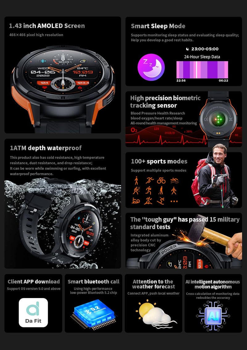 Gravity C25 1.43" AMOLED Smartwatch with Always-On Display, Bluetooth Call, AI Voice, 100+ Sports Modes, Heart Rate & Sleep Monitor, 1 ATM Waterproof, Fitness Tracker for iOS & Android (Orange) - Image 2