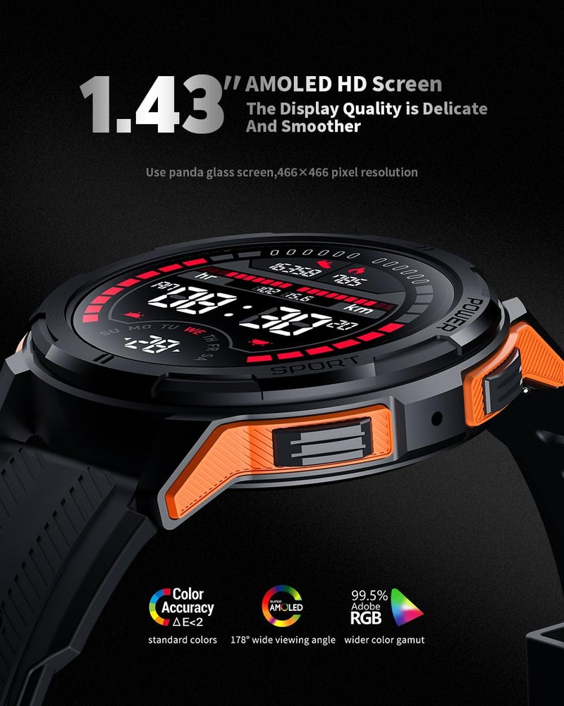 Gravity C25 1.43" AMOLED Smartwatch with Always-On Display, Bluetooth Call, AI Voice, 100+ Sports Modes, Heart Rate & Sleep Monitor, 1 ATM Waterproof, Fitness Tracker for iOS & Android (Orange) - Image 3