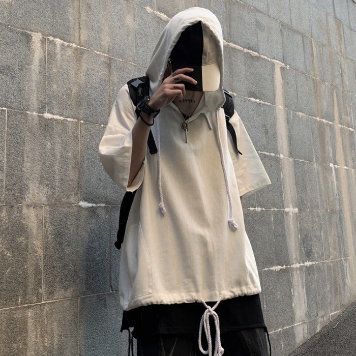 Harajuku Bf Style Short-Sleeve T-Shirt for Men, Hooded Casual Top, Loose Trendy Hong Kong Style Half-Sleeve Clothing, Ins Five-Point Sleeve - Image 1