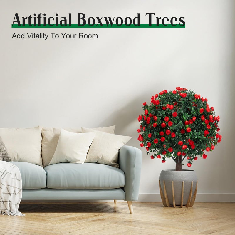 AOKIIE Set of 2 Artificial Boxwood Topiary Ball Trees with Red Flowers for Outdoor with Ground Spike 22", UV Resistant Faux Greenery Shrubs, Fake Plants for Garden, Yard, Porch, Patio Valentine's Day Decor - Image 5