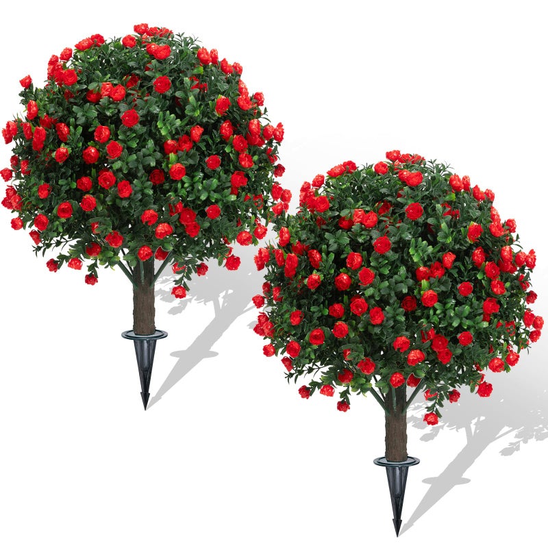 AOKIIE Set of 2 Artificial Boxwood Topiary Ball Trees with Red Flowers for Outdoor with Ground Spike 22", UV Resistant Faux Greenery Shrubs, Fake Plants for Garden, Yard, Porch, Patio Valentine's Day Decor - Image 1