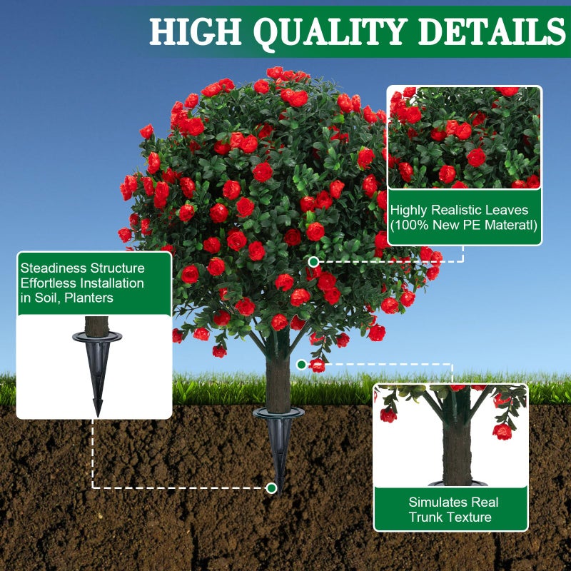 AOKIIE Set of 2 Artificial Boxwood Topiary Ball Trees with Red Flowers for Outdoor with Ground Spike 22", UV Resistant Faux Greenery Shrubs, Fake Plants for Garden, Yard, Porch, Patio Valentine's Day Decor - Image 4