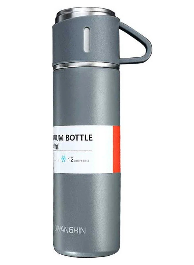 Thermos Bottle Set Double-Layer Stainless Steel Vacuum Flask Travel Water Bottle with 3 Steel Cups 500ml-Gary  - Image 1