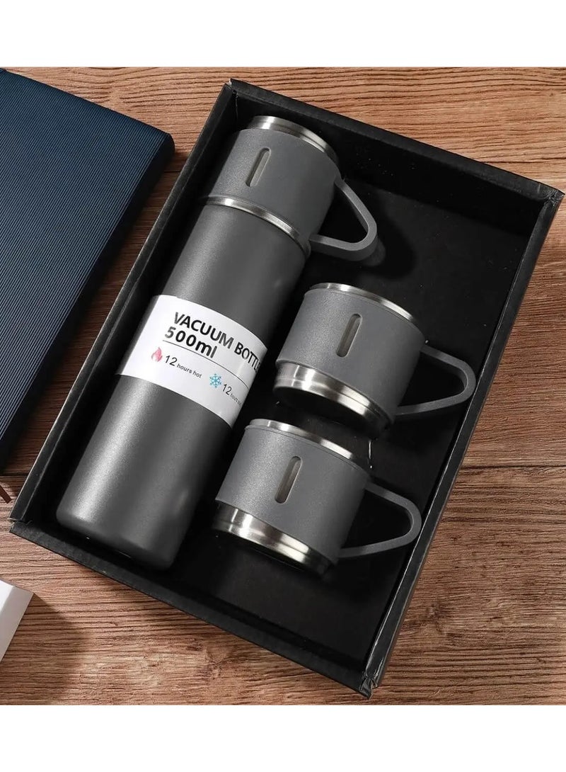 Thermos Bottle Set Double-Layer Stainless Steel Vacuum Flask Travel Water Bottle with 3 Steel Cups 500ml-Gary  - Image 2