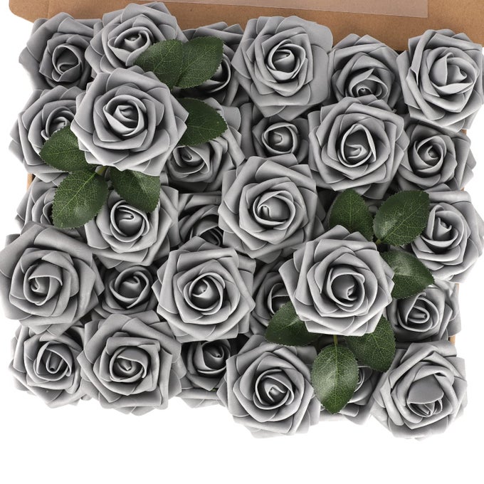 30PCS Artificial Rose Flowers Fake Flowers with Stem Real Touch Foam Roses for DIY Wedding Bouquet Table Centerpieces Party Bridal Shower Spring Home Valentines Day DecorationsGrey