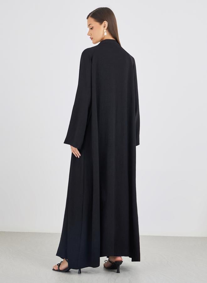 ستايلي عباية نسائية سوداء مجعدة بفتحة أمامية - Image 5