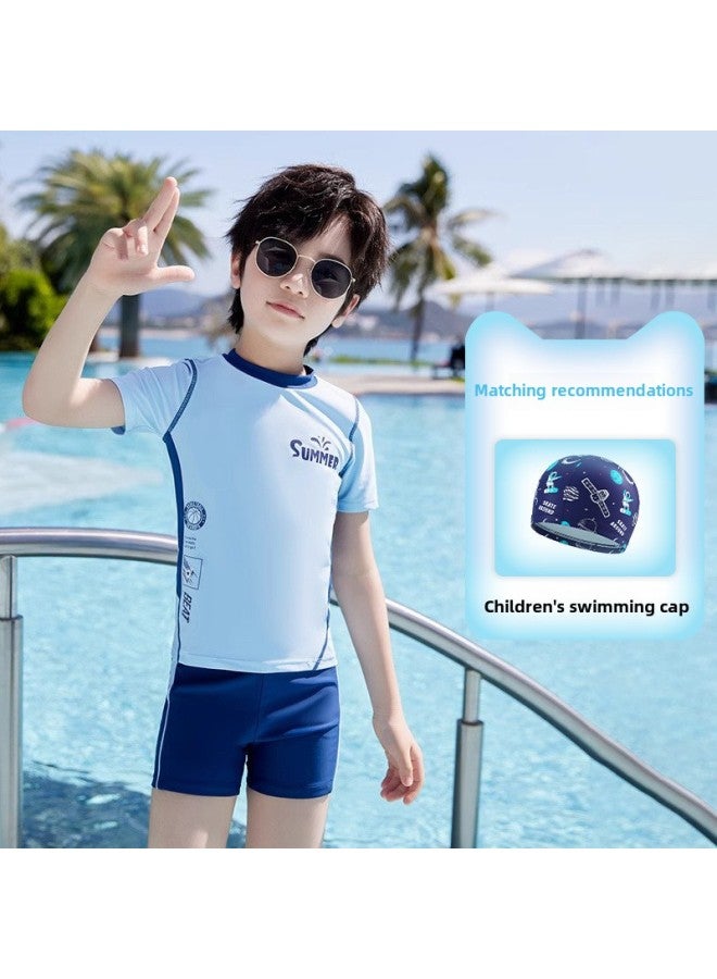 Generic Children's Swimwear Split Big Kids Boys Teenagers Swimwear Summer Hot Swimwear Swimsuit Suit-Color:Blue Pattern [comfortable Cloth Hat]-Size:6xl (recommended Height 160-170cm)  - Image 1