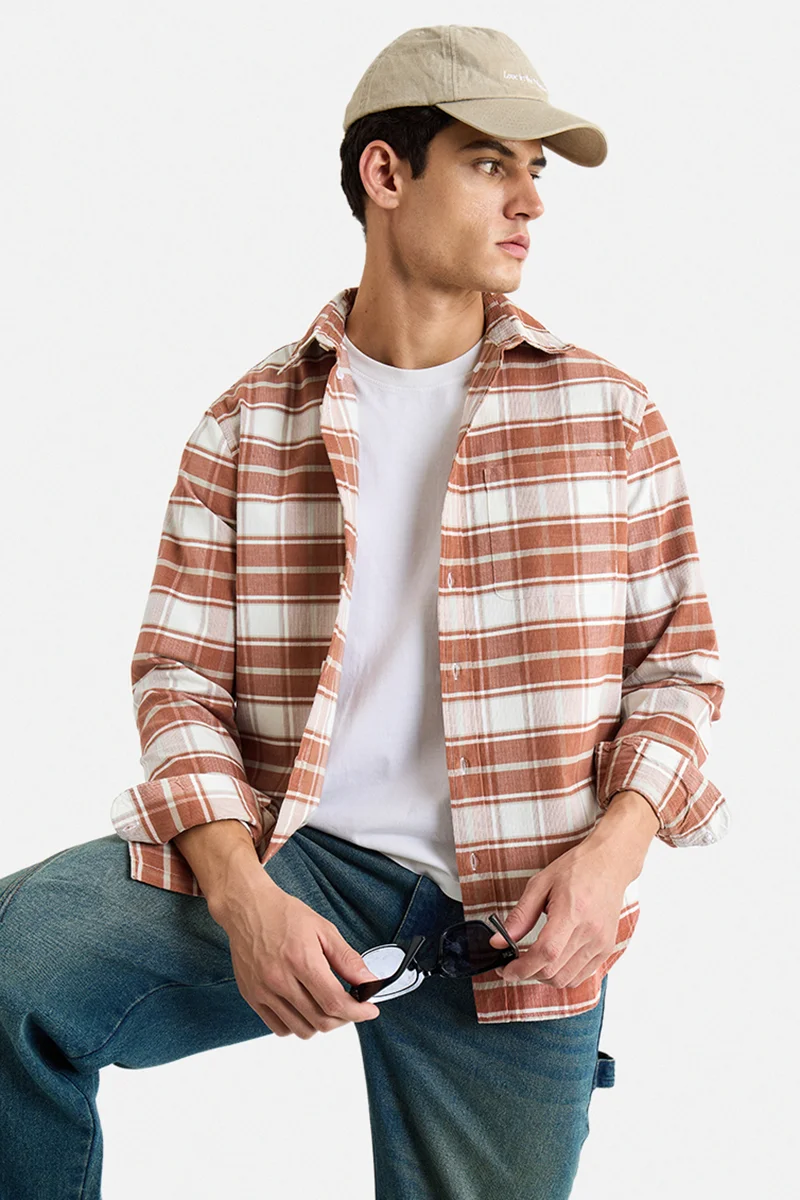 SNITCH Rust Checkered Long Sleeve Regular Fit Casual Shirt