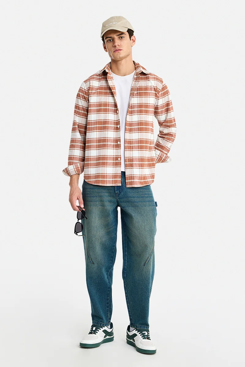 SNITCH Rust Checkered Long Sleeve Regular Fit Casual Shirt
