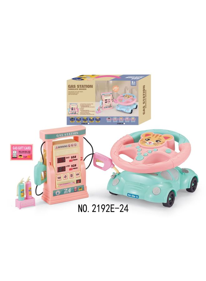 Children's Simulation Car Gas Station Toy Puzzle Multi-function Swipe Card Voice Prompt Intelligent Counting Refueling-Color:Steering Wheel Animal Car + Simulation Gas Station Pink Blue 2192E-24 - Image 1