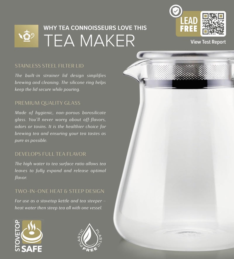 Teabloom One-Touch Tea Maker, 2-in-1 Teapot and Kettle with Stainless Steel Filter Lid for Loose Tea – Stain-free Borosilicate Glass Teapot (27 Oz) – Tea Connoisseur's Choice - Image 3