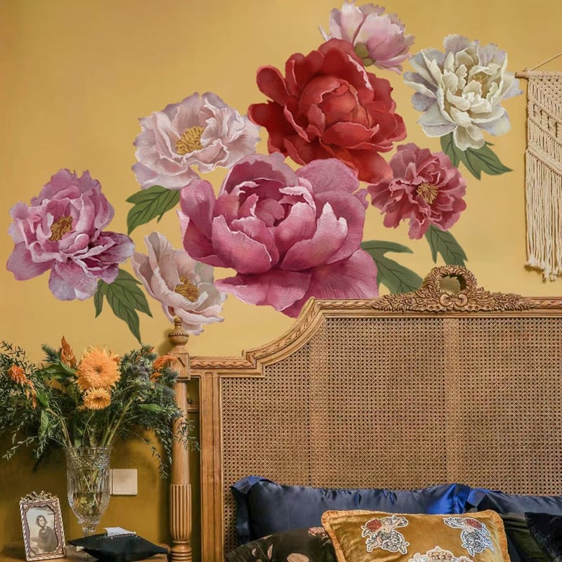 Runtoo Boho Large Peony Flower Wall Backdrop Decals 3D Jumbo Fabric Floral Wall Stickers for Girls Bedroom Living Room Office Home Decor