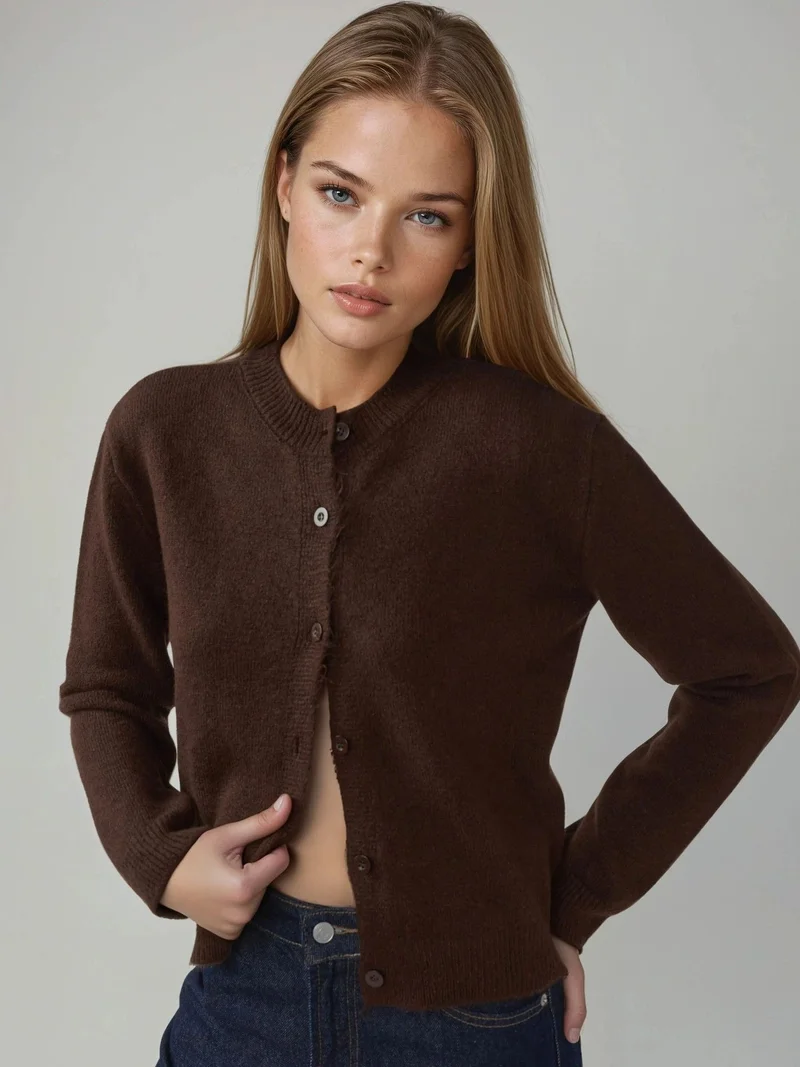 HICCUP Chestnut Brown Crew Neck Knitwear Soft Touch Cardigan for Women | Best Price UAE