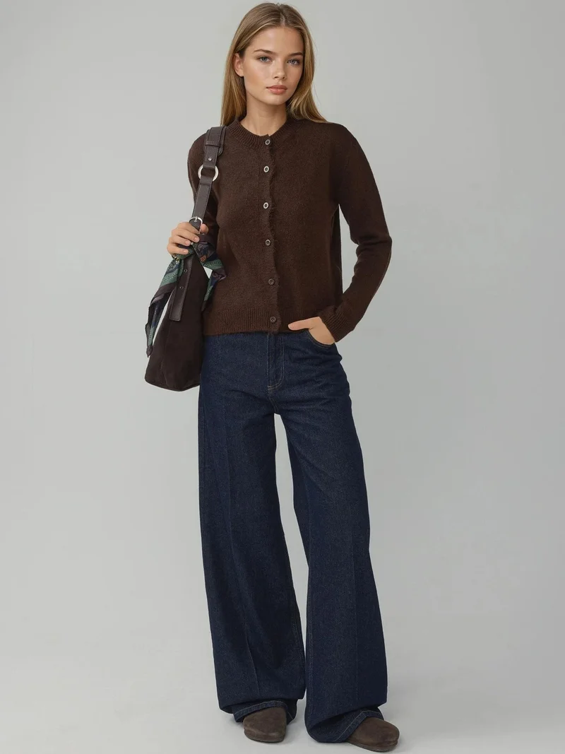 HICCUP Chestnut Brown Crew Neck Knitwear Soft Touch Cardigan for Women | Best Price UAE