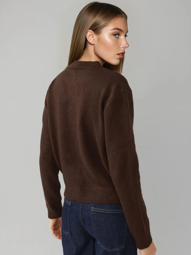 HICCUP Chestnut Brown Crew Neck Knitwear Soft Touch Cardigan for Women | Best Price UAE