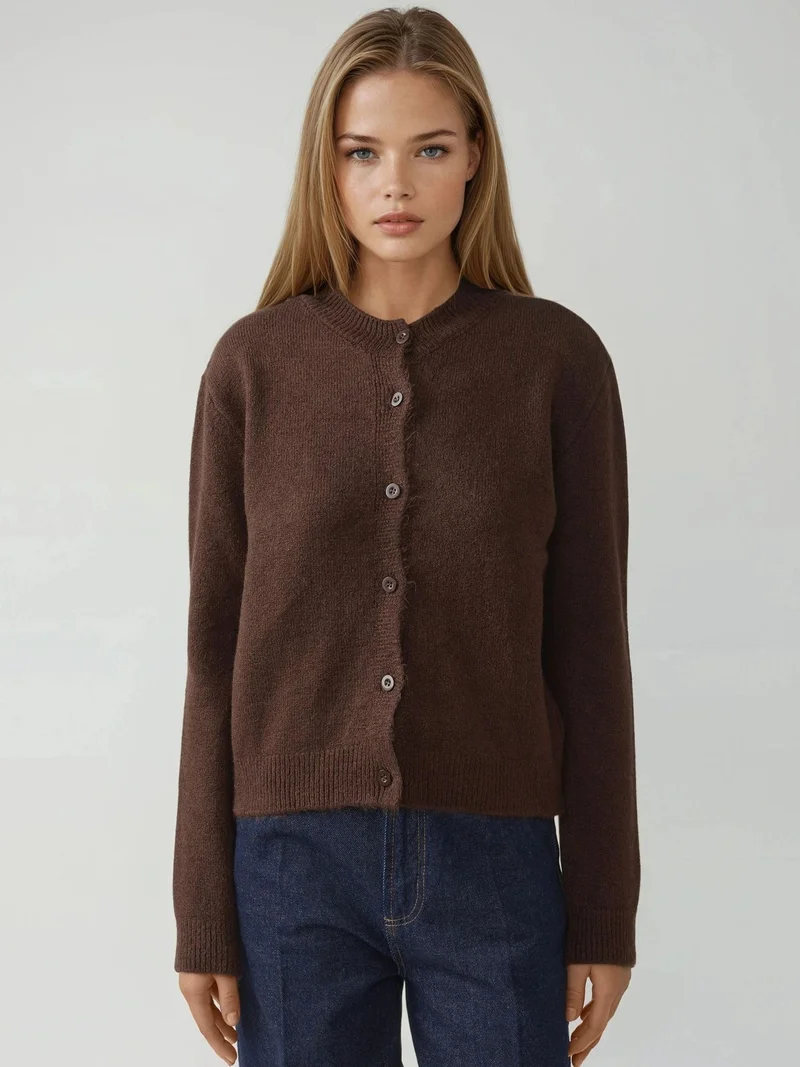 HICCUP Chestnut Brown Crew Neck Knitwear Soft Touch Cardigan for Women | Best Price UAE