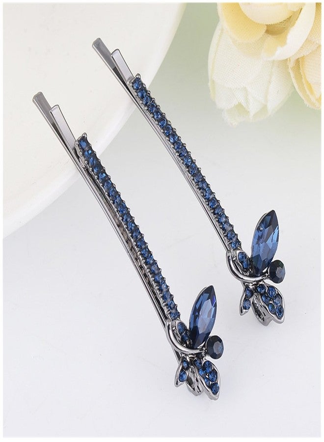Ruihfas 1 Pair Fashion Crystal Rhinestone Bobby Pins Bow Square Love Hair Pins Clips Accessories for Women Girls (Dark Blue Dragonfly) - Image 2