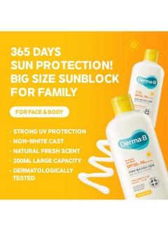 derma b Derma B Everyday Sun Block Large Size Sunscreen SPF50+ PA++++ 6.71 Fl Oz, 200ml Fast-Absorbing Lightweight SPF Moisturizer, Facial Body Non-Sticky for Dewy Skin, Korean Protection Lotion  - Image 2