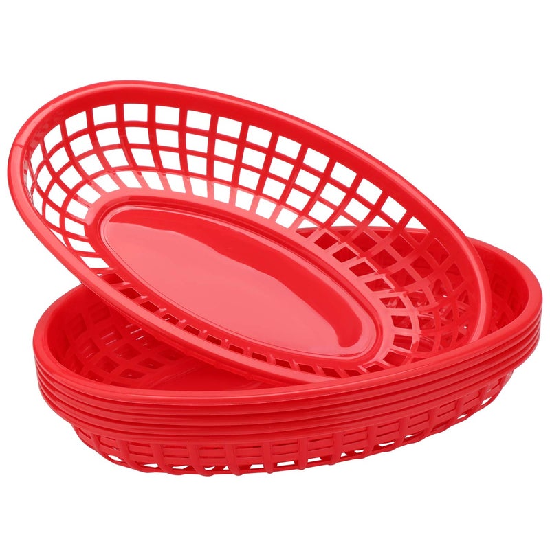 EUSOAR 6Pcs RedOval Plastic Fast Food Serving Baskets 94in x 59in Great for Burgers Fries Sandwiches Dishwasher and Microwave Safe