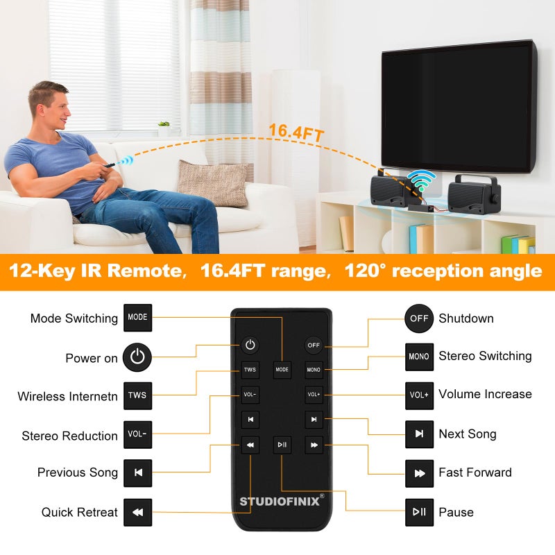 STUDIOFINIX 4-Channel Wall Mount Amplifier, 19V3A, Power-Off Memory & Infrared Remote Control with Bluetooth 5.0, USB/MIC/AUX/TWS, for Home/Garage/Ceiling Speakers - Image 2