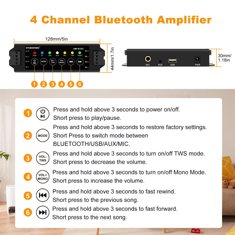 STUDIOFINIX 4-Channel Wall Mount Amplifier, 19V3A, Power-Off Memory & Infrared Remote Control with Bluetooth 5.0, USB/MIC/AUX/TWS, for Home/Garage/Ceiling Speakers - Image 5