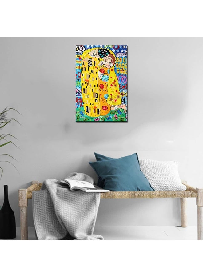 Tucocoo Colorful Canvas Wall Art Graffiti Street Pop Art Paintings The Kiss by Gustav Klimt Pictures Famous Modern Artwork Home Decor for Living Room Bedroom Framed Easy to Hang 16x24inch x1 Piece - Image 2