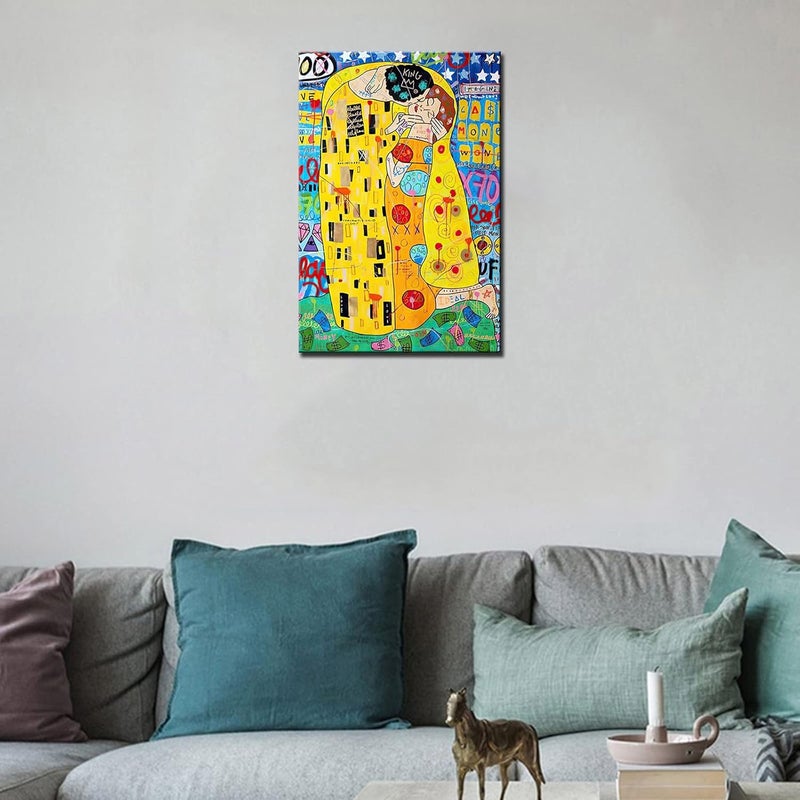 Tucocoo Colorful Canvas Wall Art Graffiti Street Pop Art Paintings The Kiss by Gustav Klimt Pictures Famous Modern Artwork Home Decor for Living Room Bedroom Framed Easy to Hang 16x24inch x1 Piece - Image 4