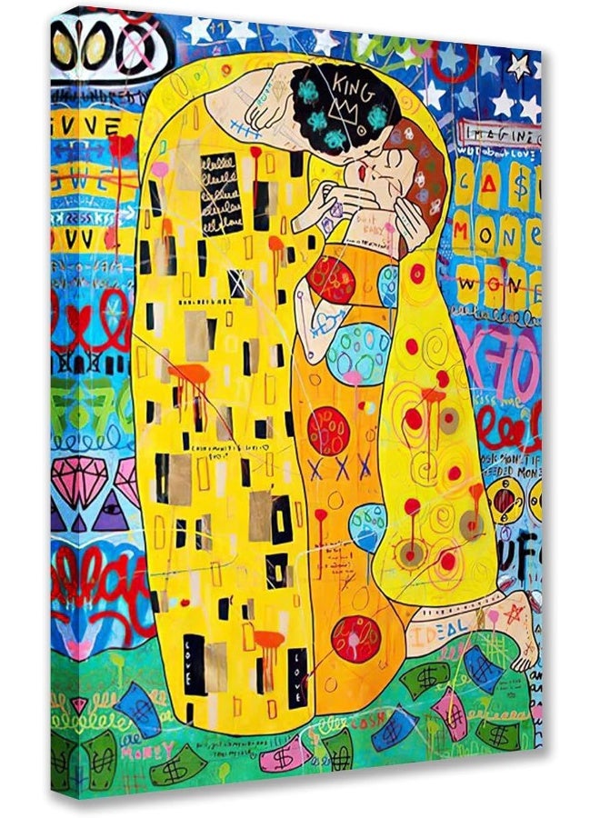 Tucocoo Colorful Canvas Wall Art Graffiti Street Pop Art Paintings The Kiss by Gustav Klimt Pictures Famous Modern Artwork Home Decor for Living Room Bedroom Framed Easy to Hang 16x24inch x1 Piece - Image 1