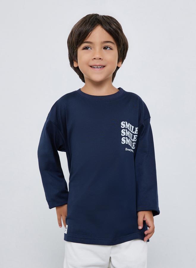 Styli Boys Navy Blue Long Sleeve Slogan T-Shirt - Image 1